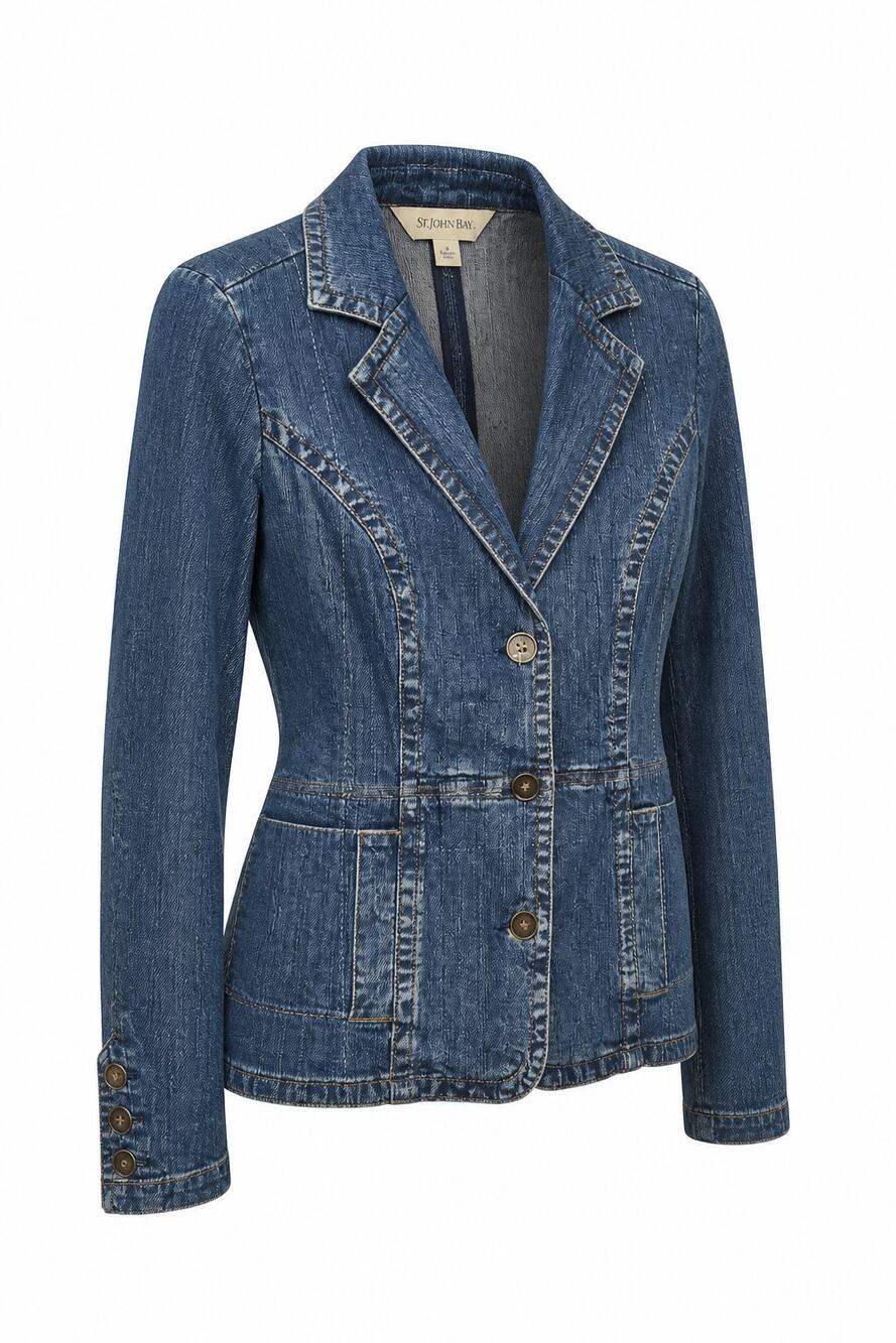 Y2K St Johns Bay Denim Blazer Jacket Womens SZ M Button Front Jean Coat